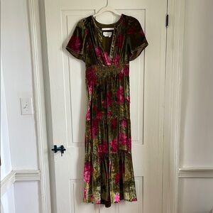 Green velvet maxi dress with floral pattern